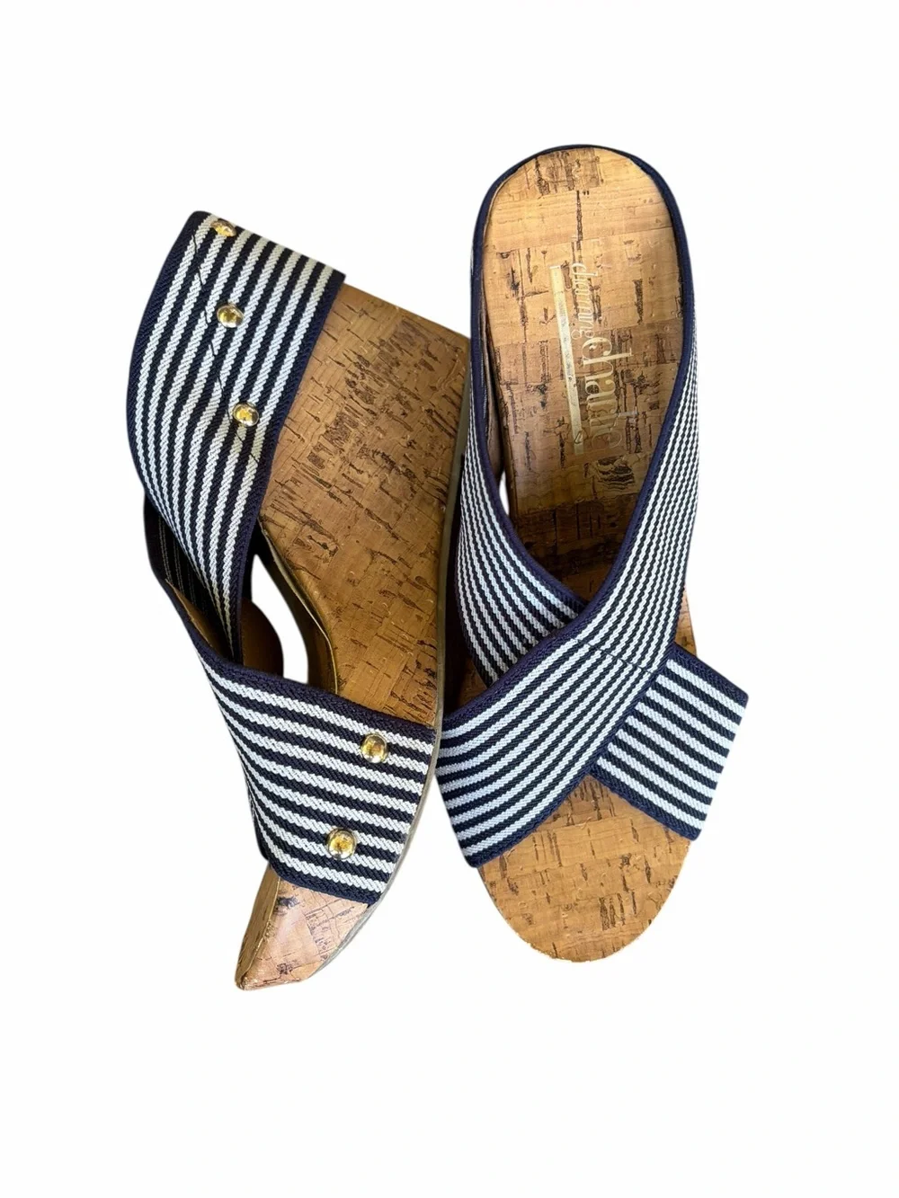 Charming Charlie Blue and White Fabric Cork Platform Wedge Sandals